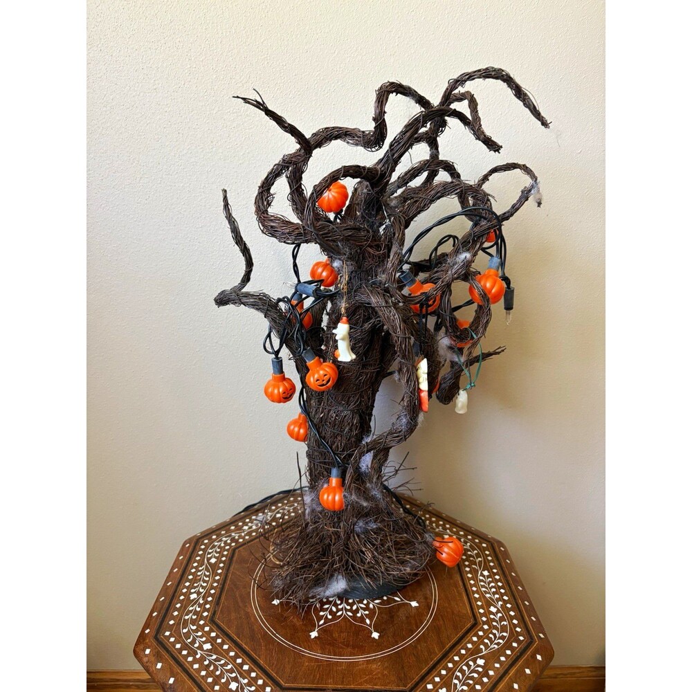 Halloween 18” Rattan Twig Tree Centerpiece Pumpkin & Ghost String Lights Plug-In
